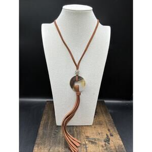 Barse Abalone Fringe Necklace- Silver -Leather-NWT